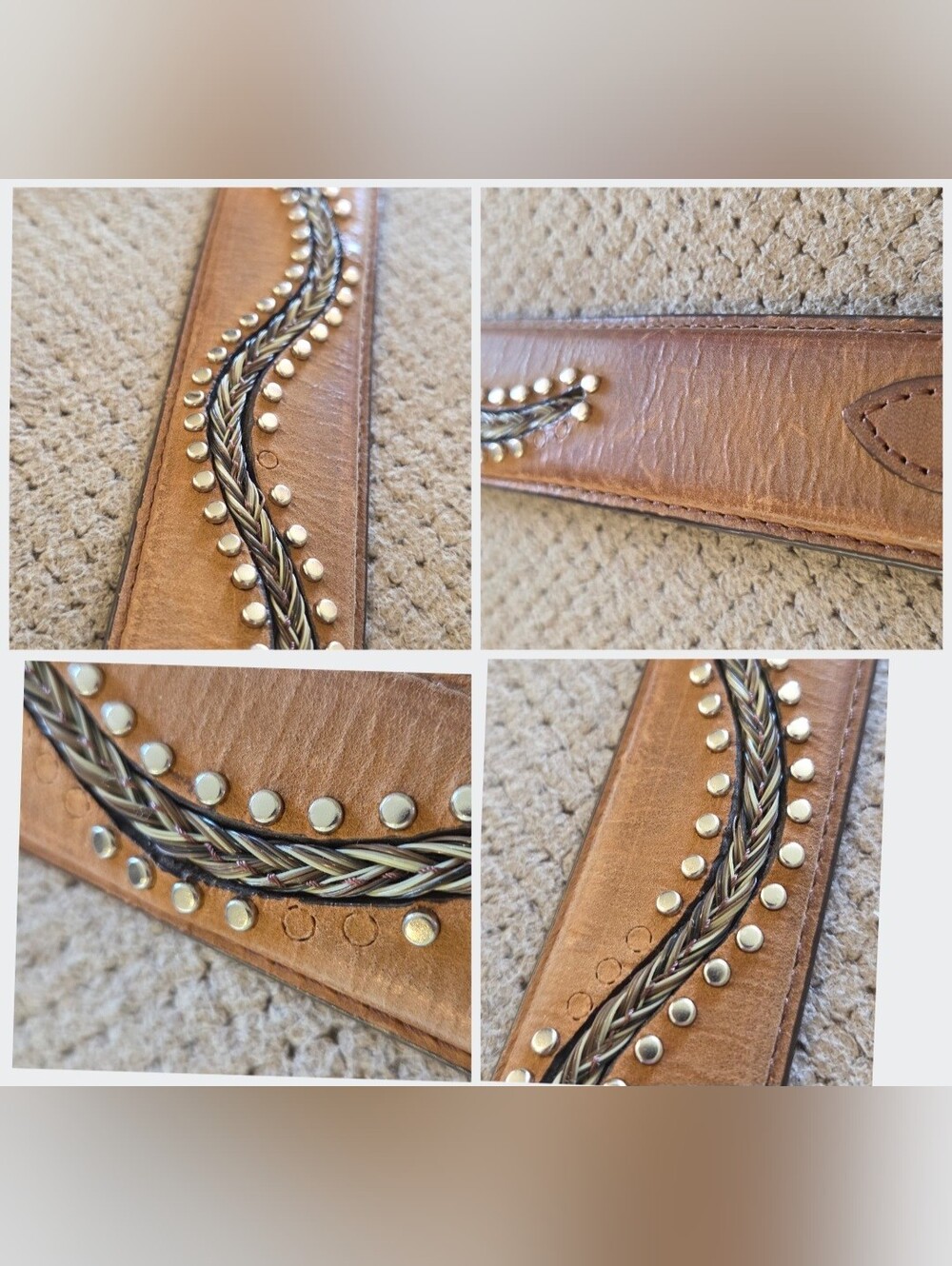 Vintage 1990's 3-D DDD Genuine Leather brown studded Braided Horse Hair Belt - Picture 3 of 16